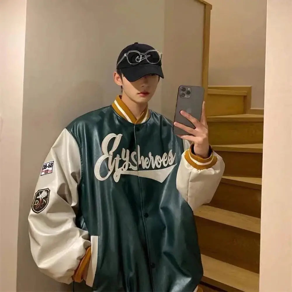 Men’s embroidered pu leather baseball bomber jacket in dark green and white with gold trim and sleeve patches