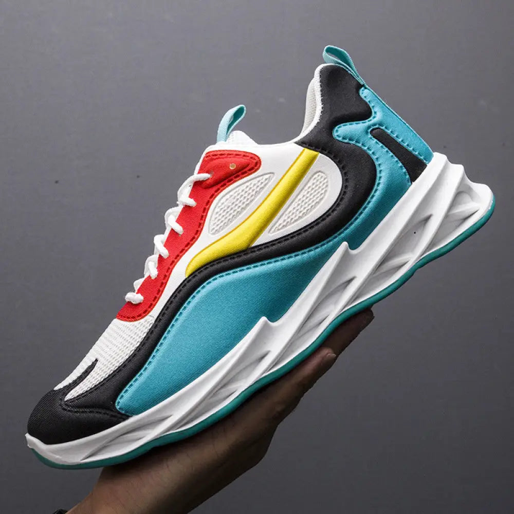 Men modern mesh non slip athletic running sneaker in vibrant red yellow teal with black and white panels