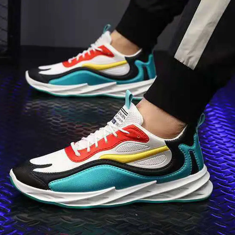 Men modern mesh non slip athletic running sneakers in vibrant white red yellow teal with black accents design