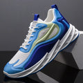 Men modern mesh non slip athletic running sneaker in blue and white with synthetic overlays and bold layered design