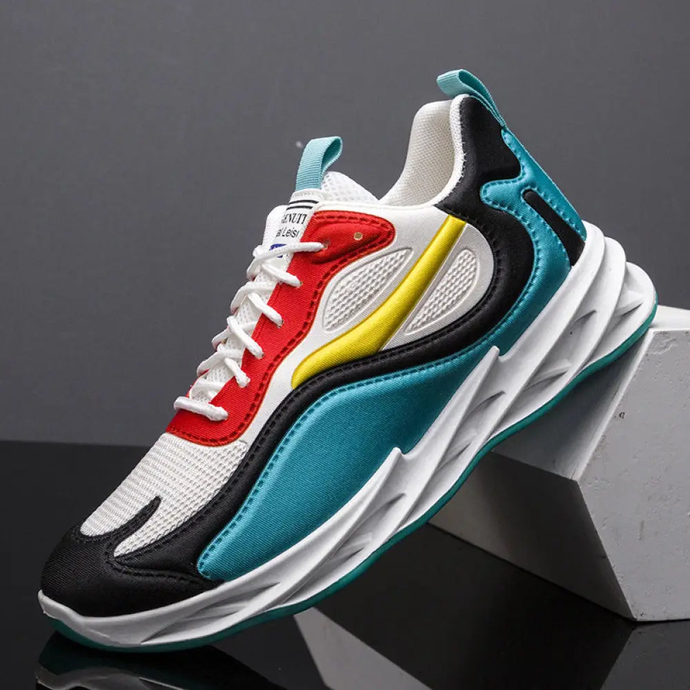 Men modern mesh non slip athletic running sneakers in vibrant red yellow teal with black and white mesh panels