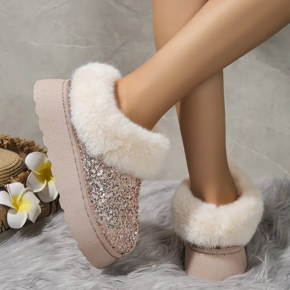 Women’s pink sequined platform slip-on boot with white faux fur trim winter slipper for indoor use