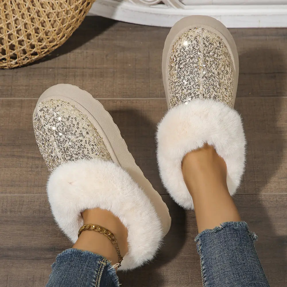 Women’s sequined plush winter platform slippers with glittery gold sequins, white faux fur lining, and thick off-white soles