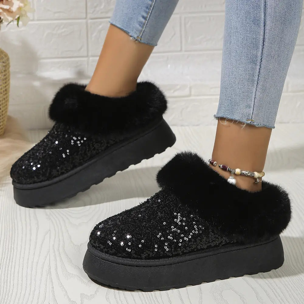 Women’s black sequined platform slippers with plush faux fur trim designed for winter wear