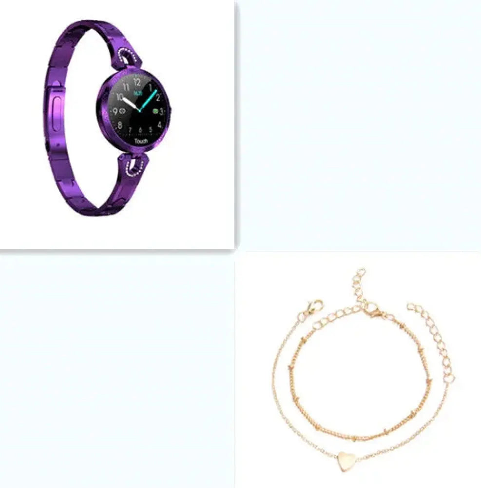 Purple metallic bangle watch with black face and silver hands from Arbaglobal women’s waterproof elegant fitness smartwatch