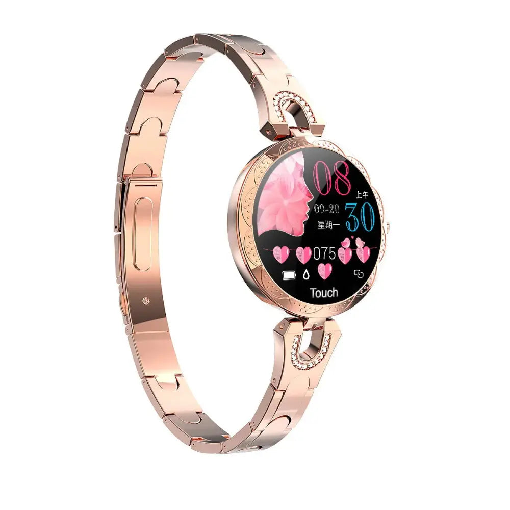 Arbaglobal women’s waterproof elegant fitness smartwatch in rose gold metal with crystal bezel and floral heart display