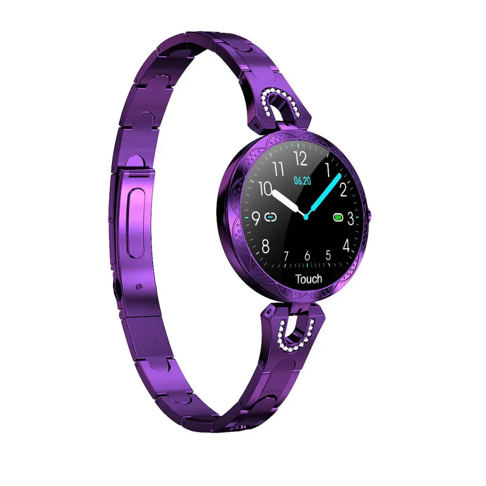 Arbaglobal women’s waterproof elegant fitness smartwatch in purple metallic with circular face and rhinestone accents