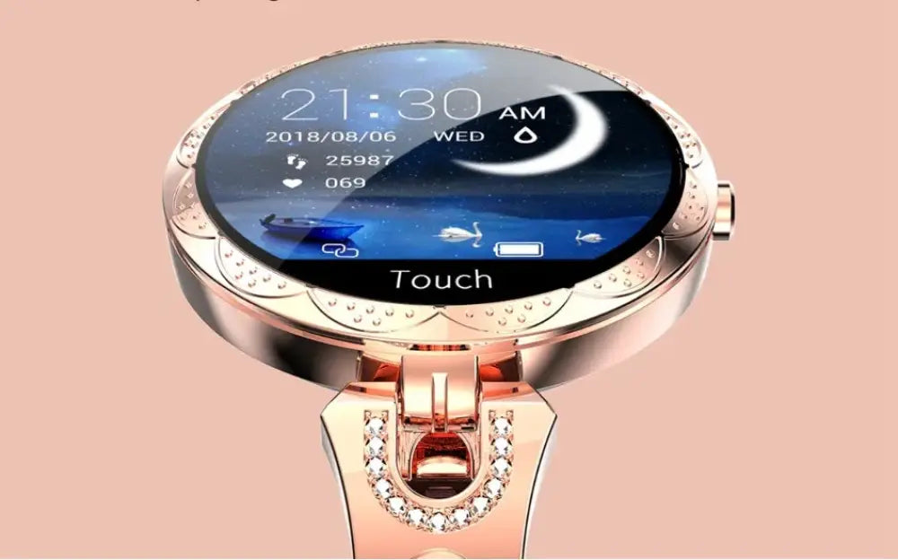 Arbaglobal women’s rose gold fitness smartwatch with crystal bezel and clasp displaying nighttime digital interface
