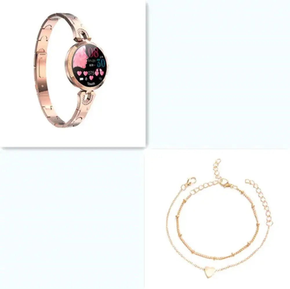 Arbaglobal women’s rose gold-toned waterproof fitness smartwatch with circular display and interlocking metal band