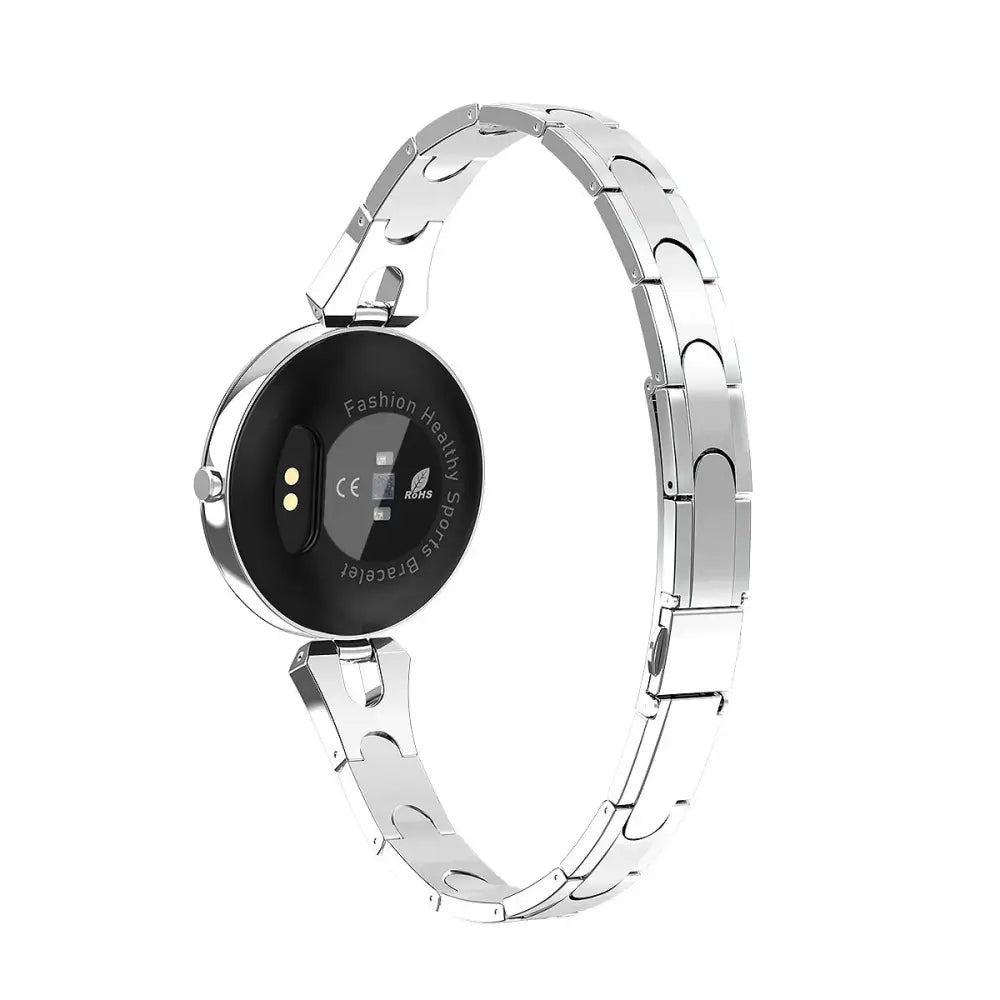 Silver metallic arbaglobal women’s waterproof elegant fitness smartwatch with sleek interlocking link band and health sensors