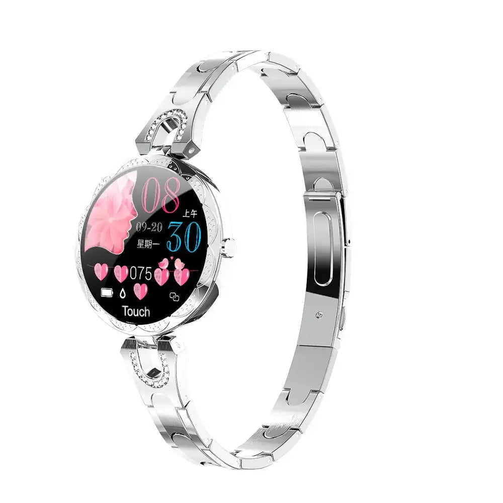 Silver-toned Arbaglobal women’s waterproof elegant fitness smartwatch with round touchscreen and crystal accents