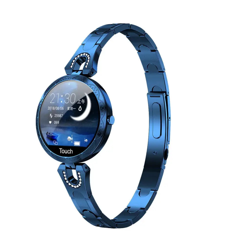 Arbaglobal women’s waterproof elegant fitness smartwatch in blue metallic with circular touchscreen and diamond-like clasp accents