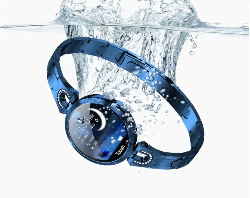 Blue metallic Arbaglobal women’s waterproof elegant fitness smartwatch with circular touchscreen and interlocking link band