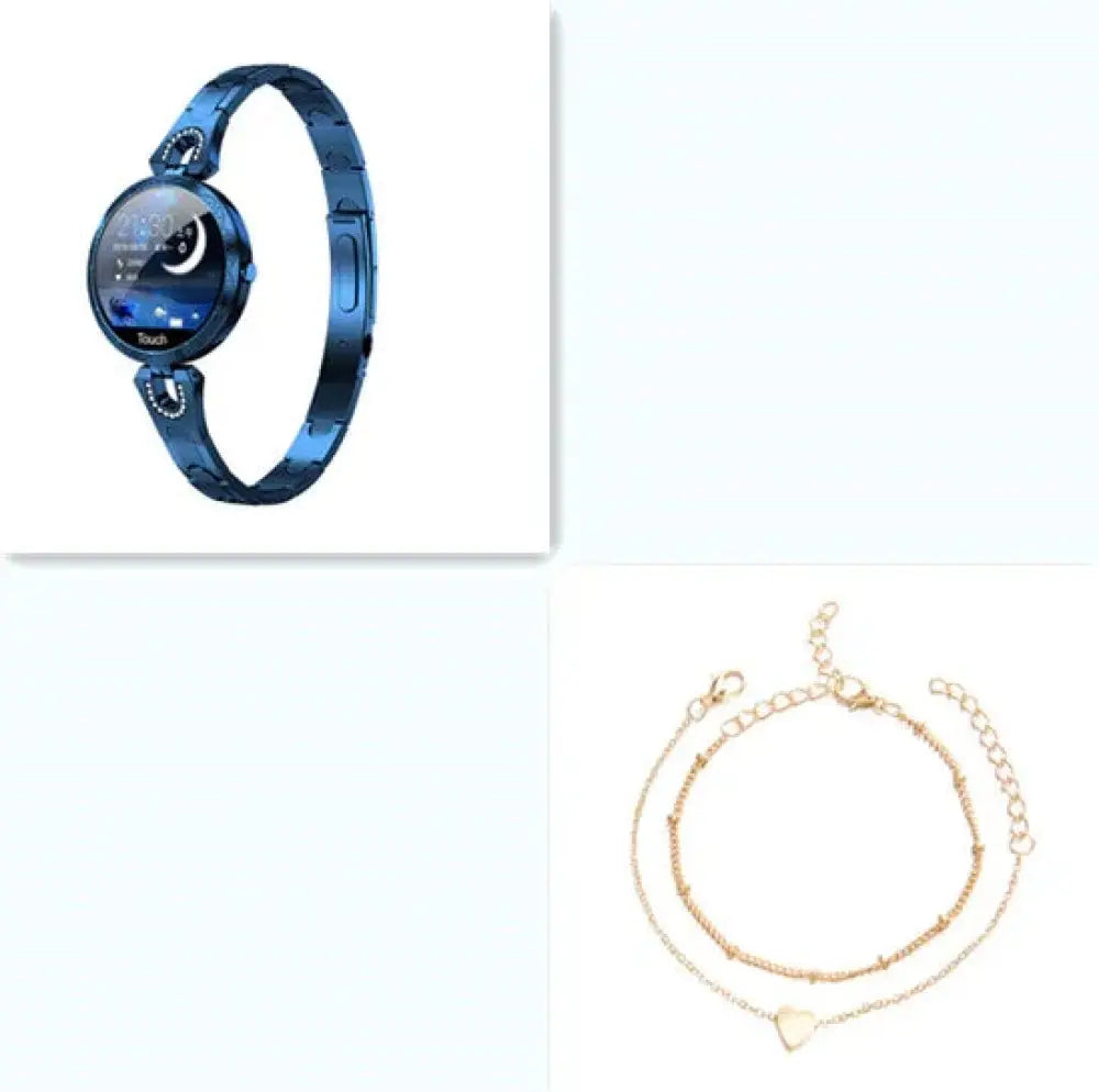 Arbaglobal women’s waterproof elegant fitness smartwatch in blue metallic with circular touchscreen and diamond accents