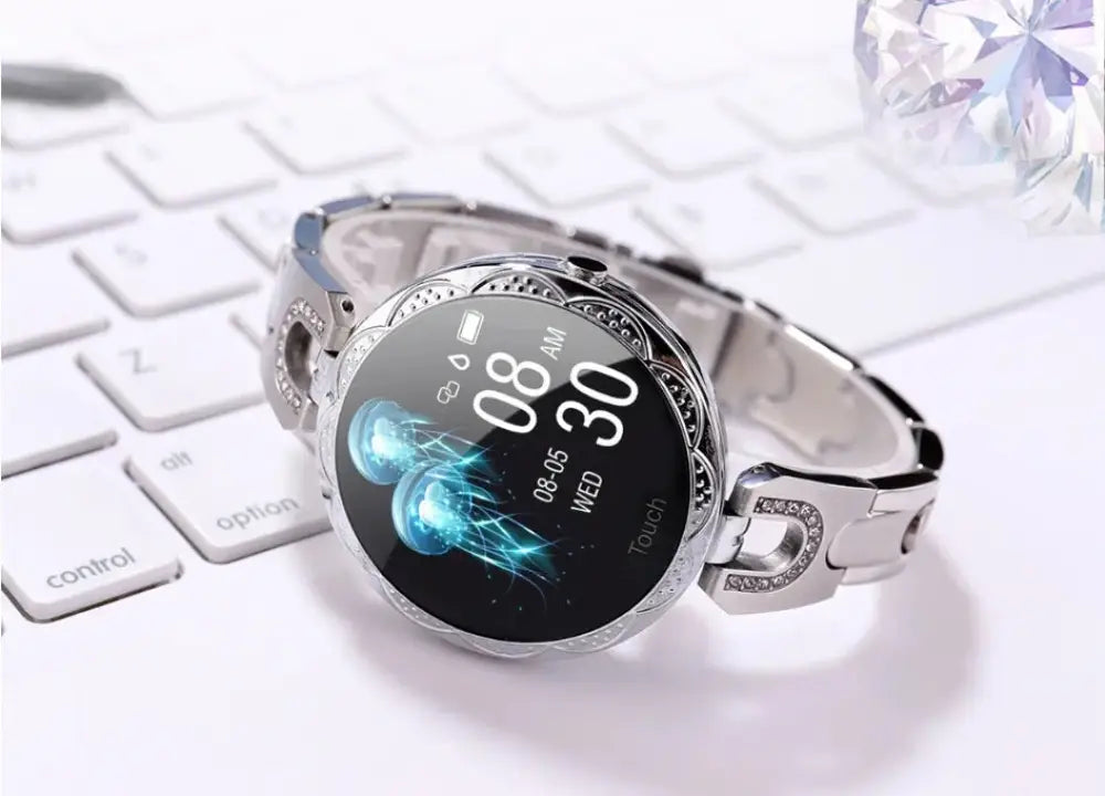 Arbaglobal women’s waterproof elegant fitness smartwatch silver with round face crystal bezel and diamond-like metal band