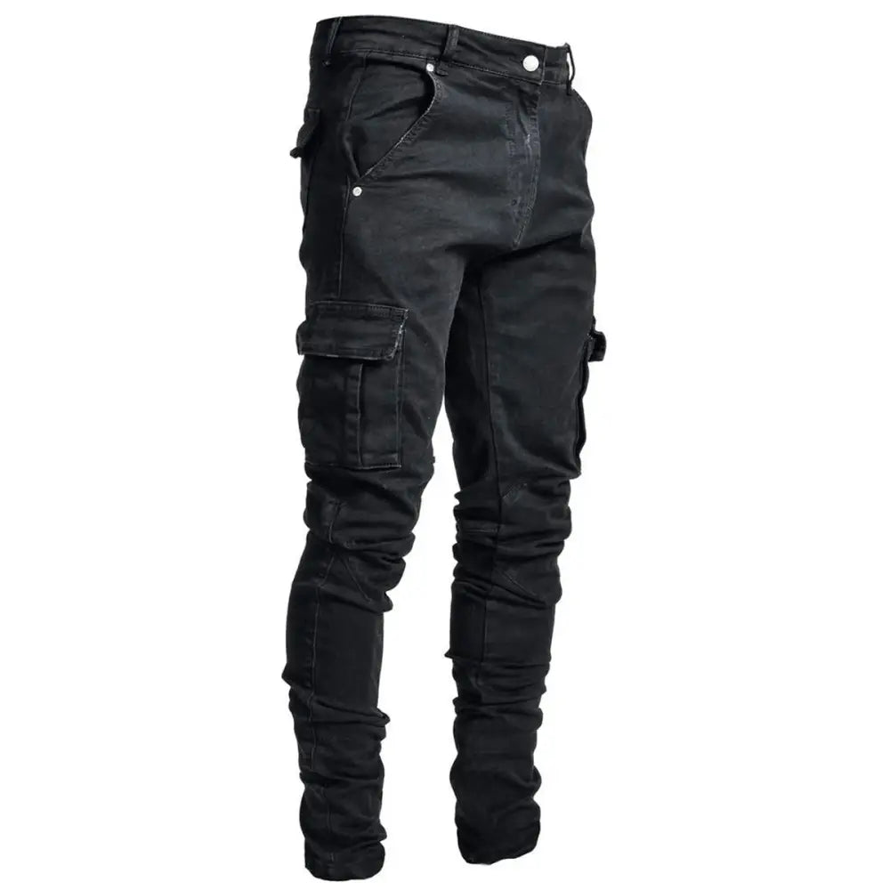 Slim fit distressed black denim cargo jeans with multiple pockets showcasing a slim fit design