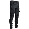 Slim fit distressed black denim cargo jeans with multiple pockets showcasing a slim fit design