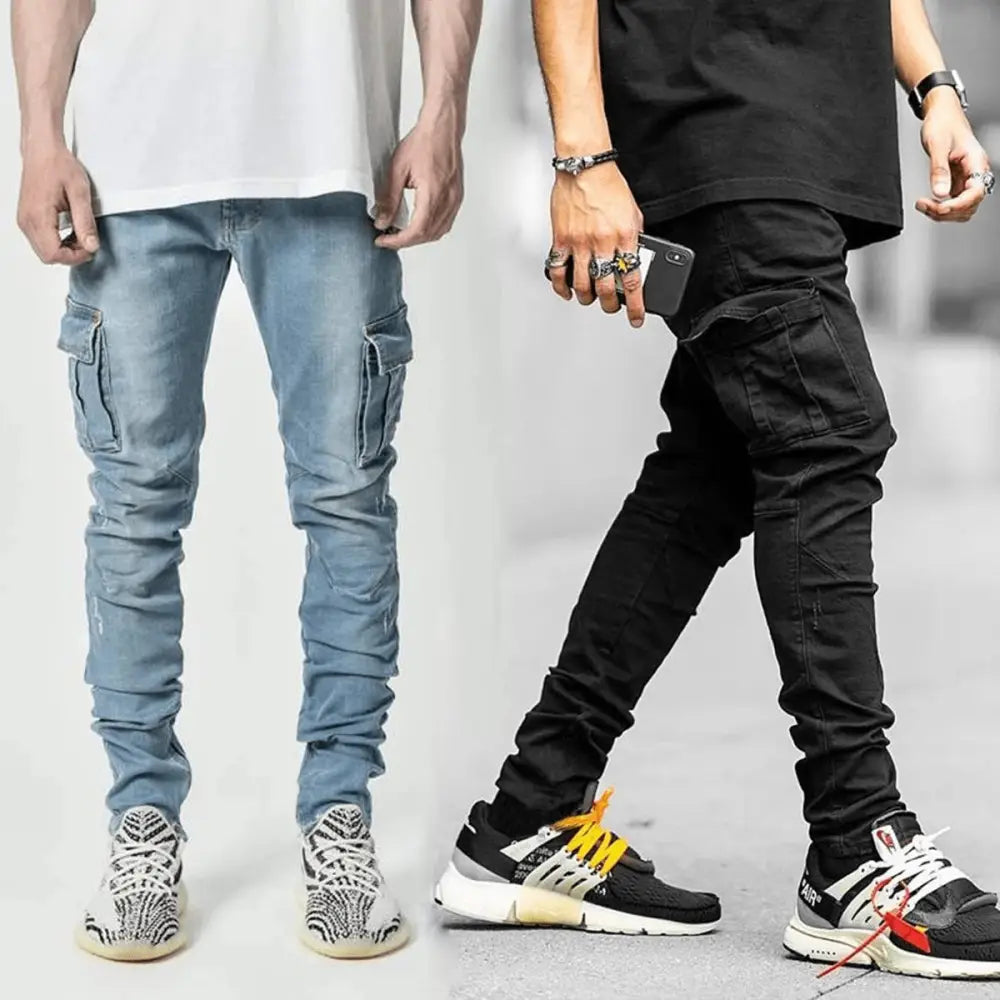 Slim fit distressed denim blue and black cargo jeans with multiple pockets made of durable fabric