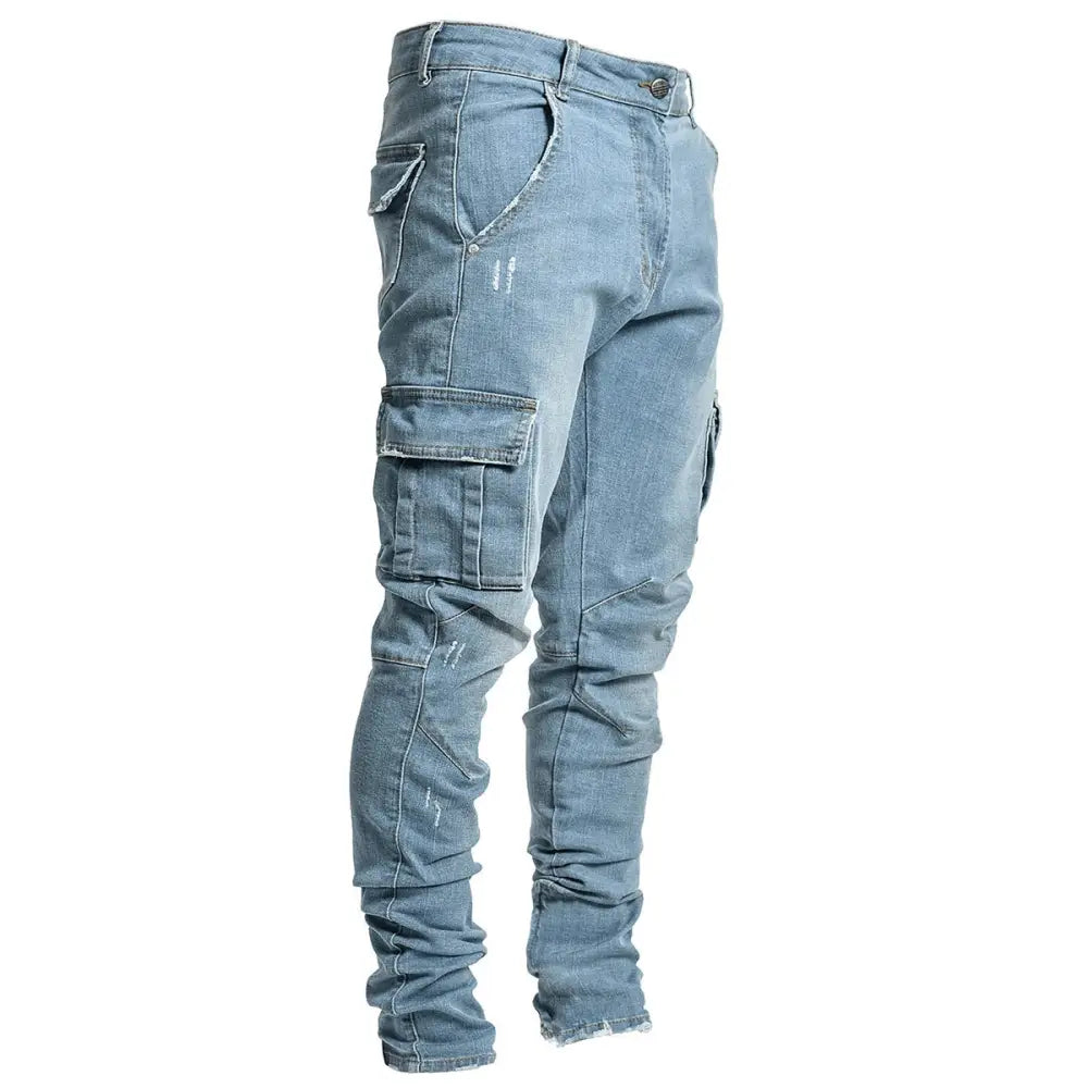 Slim fit distressed light-wash denim cargo jeans with multiple pockets and a slim-fit cut