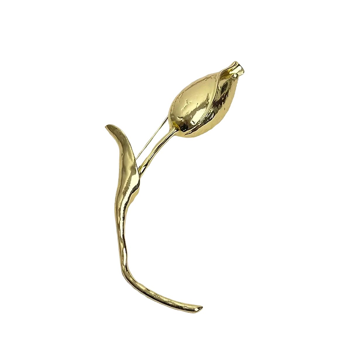 Gold-toned metal floral brooch pin shaped like a stylized tulip with smooth flowing curves and textured surface