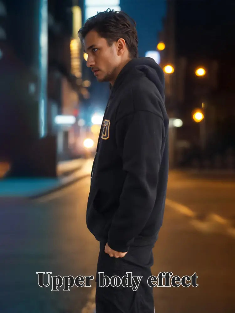 Black premium cotton unisex streetwear hoodie with gold embroidered logo on the chest