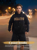 Black premium cotton unisex embroidered streetwear hoodie with gold lettering and drawstring hood