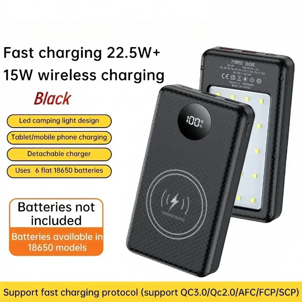 Black fast charging 18650 power bank case with textured surface, circular 100% display, and 15w wireless charging coil design