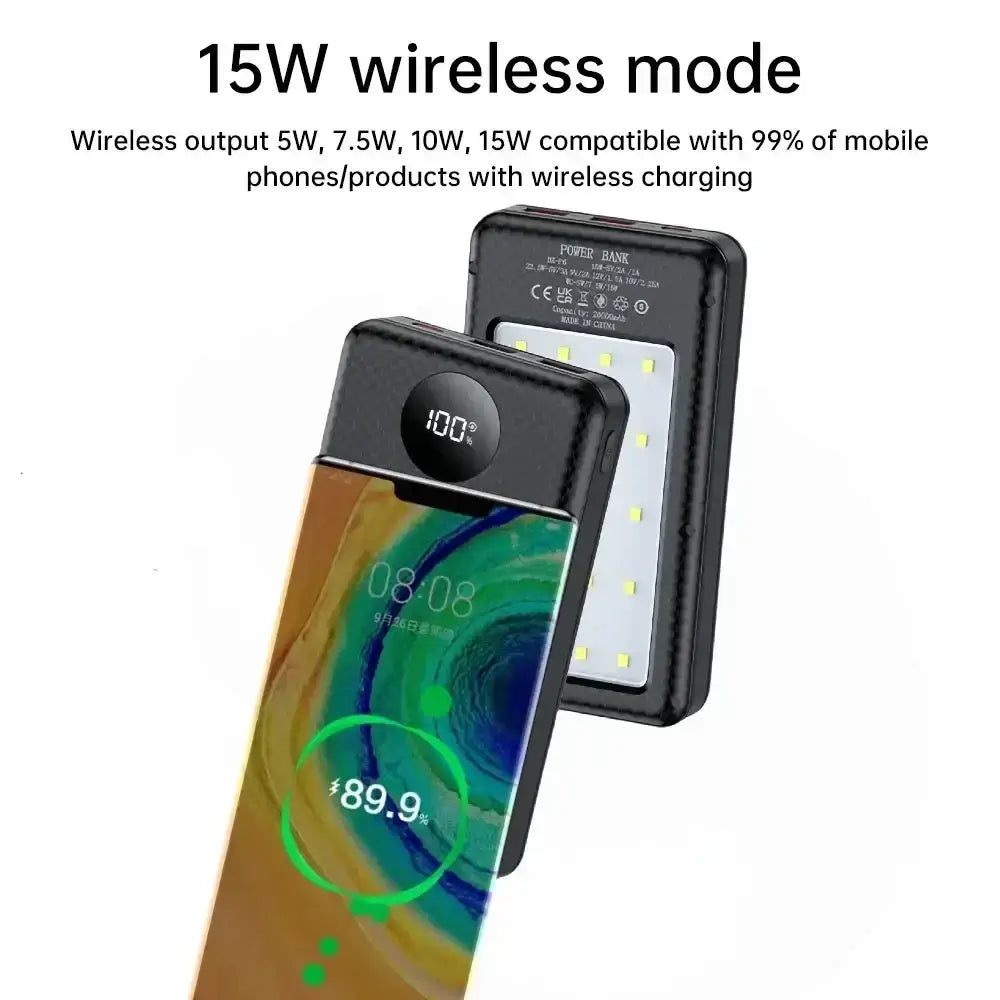 Black rectangular fast charging 18650 power bank case with wireless charging displaying 100% charge on back