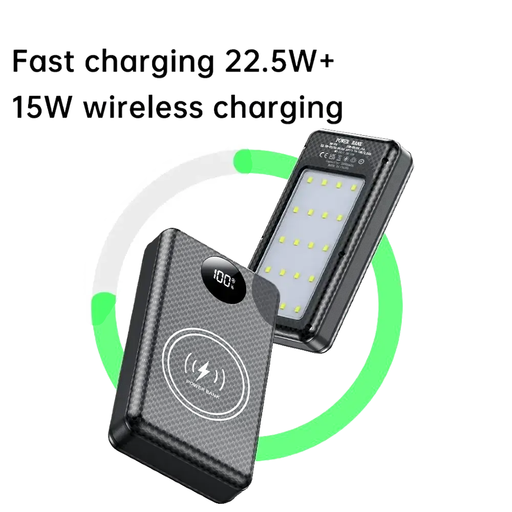 Black textured fast charging 18650 power bank case with 5w+15w wireless charging and integrated led light panel