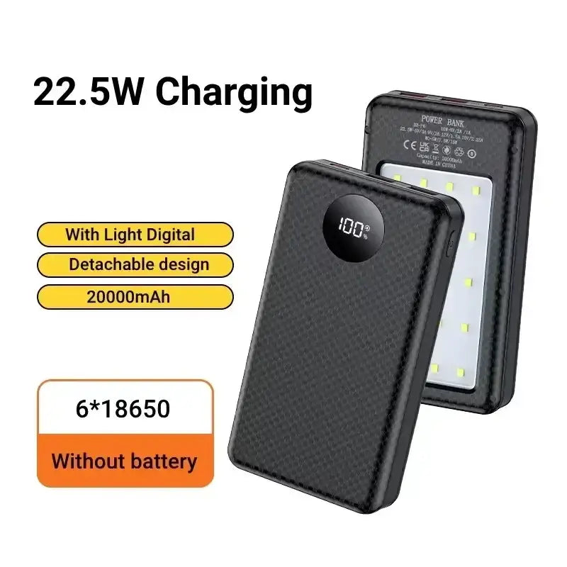 Black textured fast charging 18650 power bank case with wireless charging and 15w led light panel on the back showing 100%