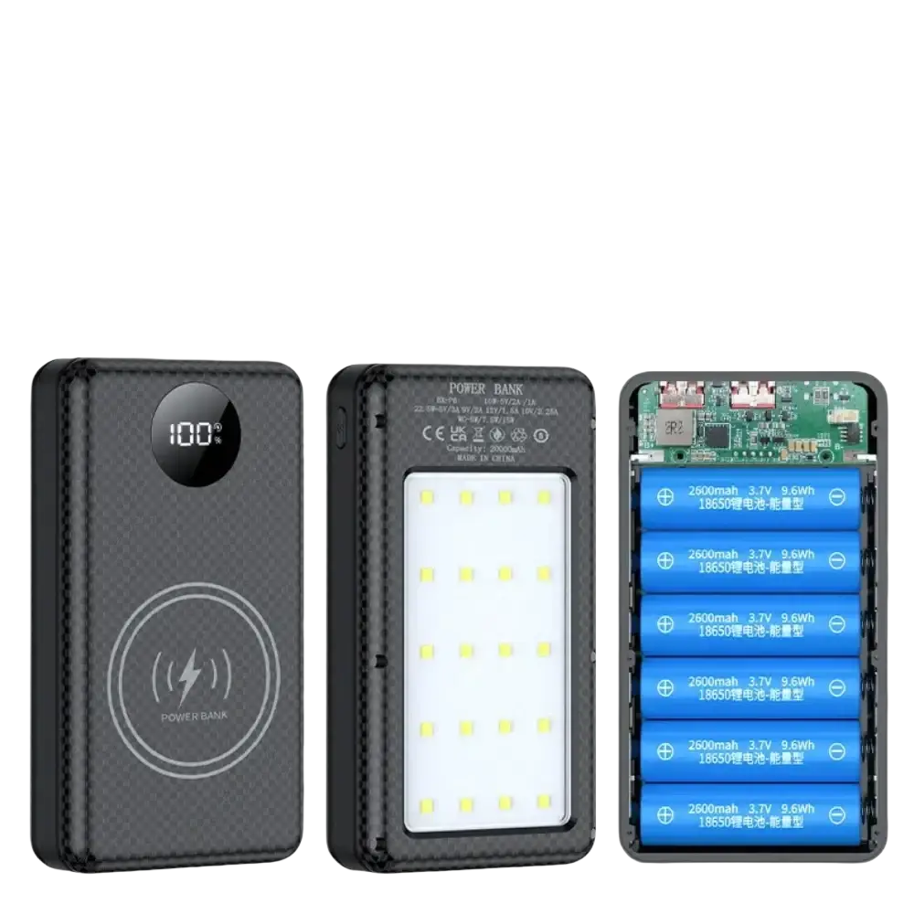 Black textured fast charging power bank case with led 100% display and 5w+15w wireless charging symbol and six 2600mah batteries