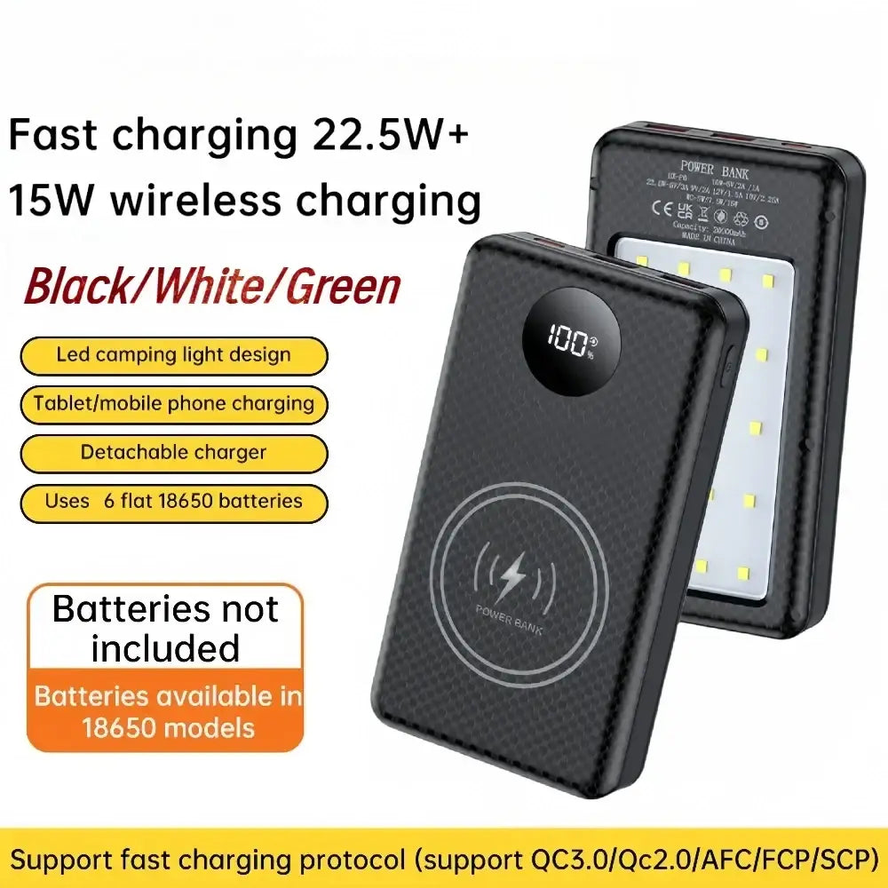 Black textured fast charging 18650 power bank case with circular 100% display and 5w+15w wireless charging back view