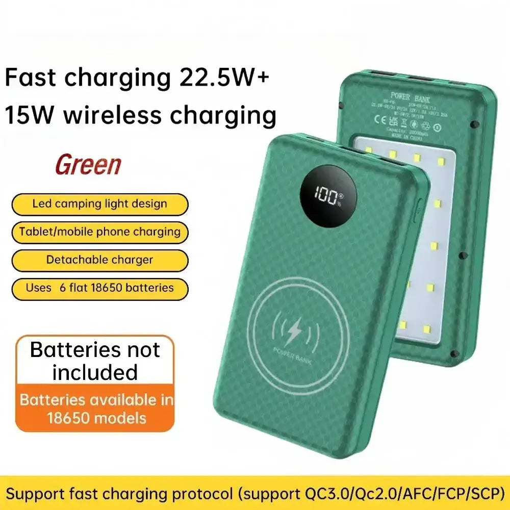 Green textured fast charging 18650 power bank case with 15w wireless charging and digital display showing 100%