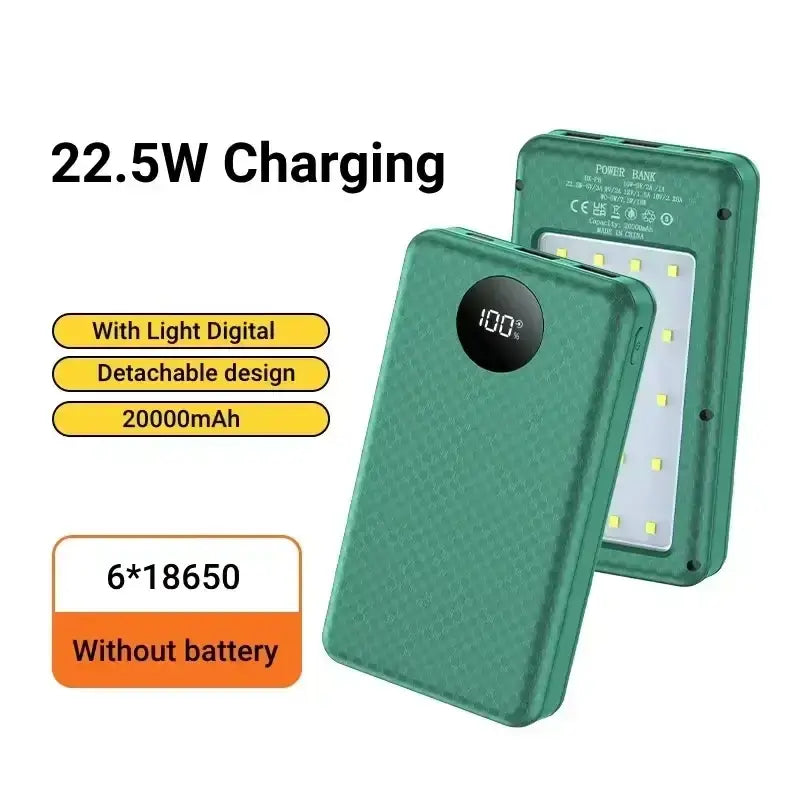 Teal textured fast charging 18650 power bank case with detachable design and 15w wireless charging led light panel