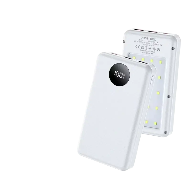 White fast charging 18650 power bank case with wireless charging showing 100% on digital display and led lights on back