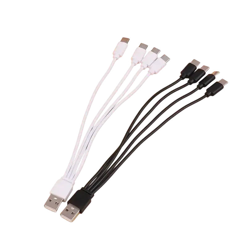 Set of two fast charging 4 in 1 usb c charger cables in black and white with flexible triple usb c branches 20cm