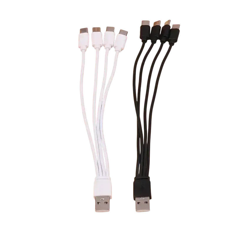 White and black fast charging 4 in 1 usb c splitter charging cable with sleek plastic housing 20cm length