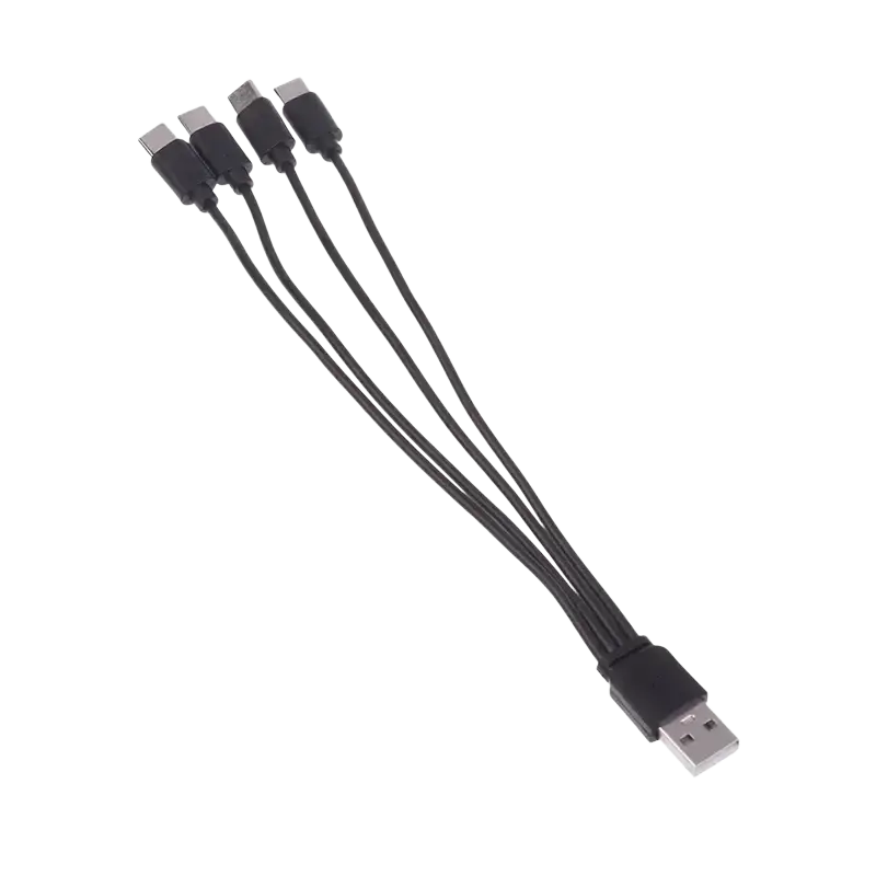 Black usb-a to four usb-c fast charging cable multi charger designed for efficient simultaneous device charging