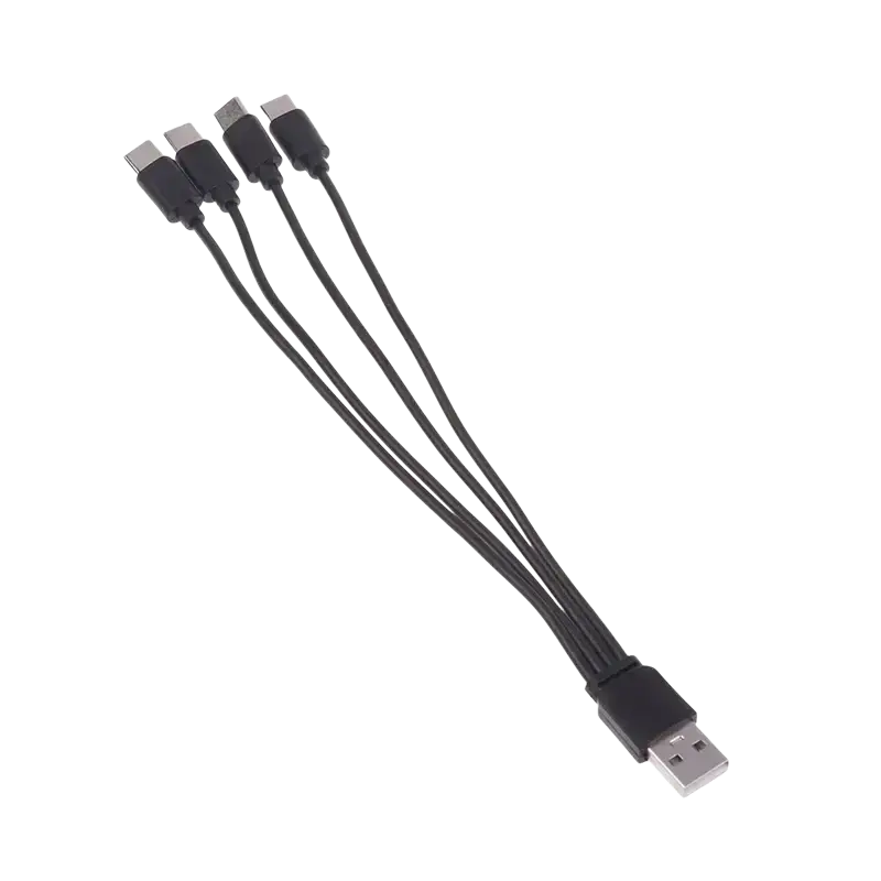 Black usb-a to four usb-c fast charging cable with sleek flexible design for multi charger connectivity