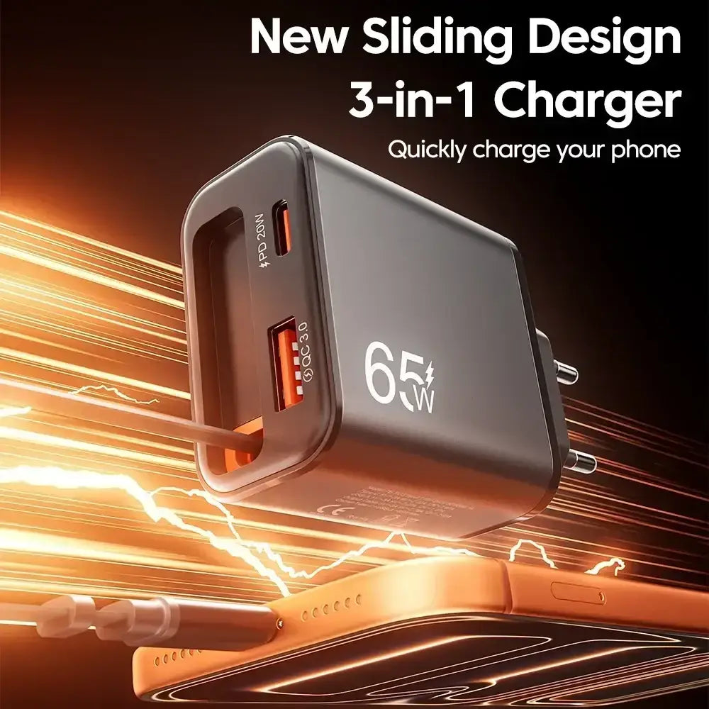Black 65w fast charging phone charger with retractable cable and 3-in-1 sliding usb-c and usb-a ports charger feature