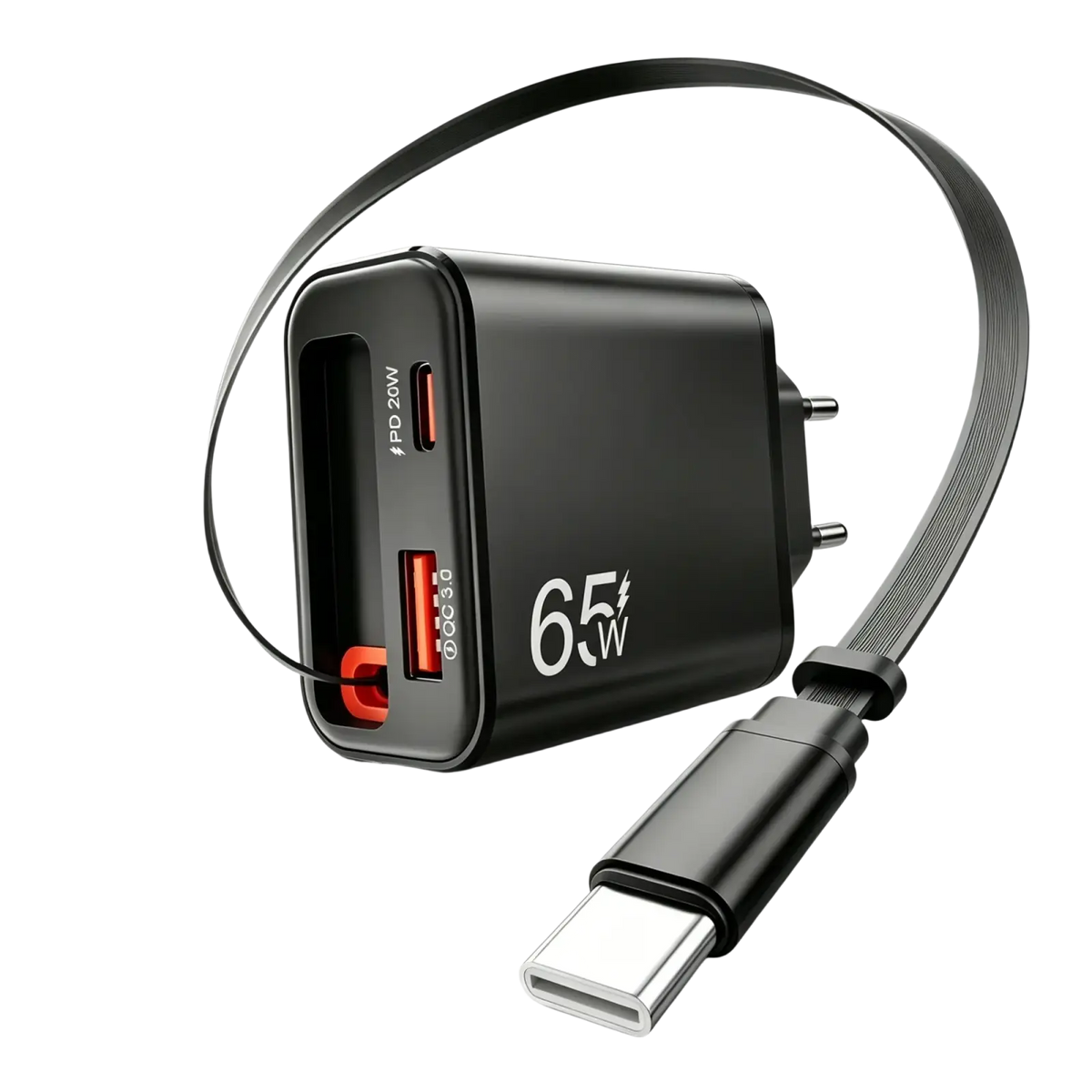 Black 65w fast charging phone charger with dual usb-c ports and sleek integrated retractable cable for convenience