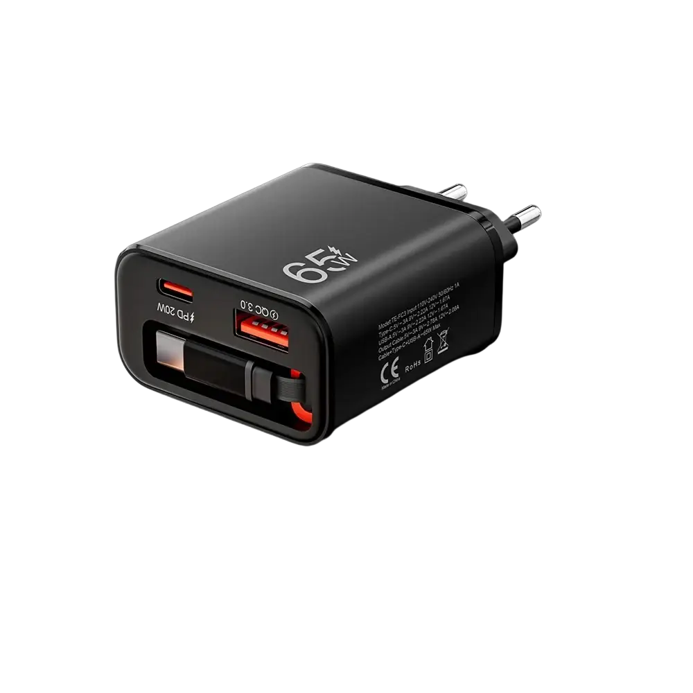 Black 65w fast charging phone charger with two usb-c ports and compact design featuring retractable cable