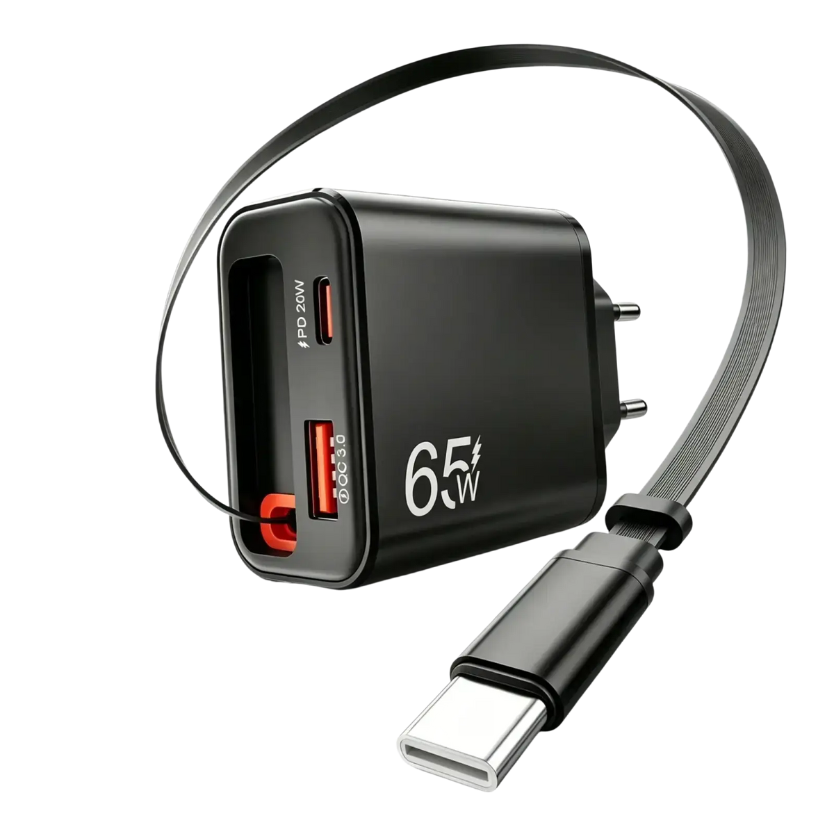 Black 65w usb-c fast charging phone charger with dual ports and retractable integrated cable for convenience