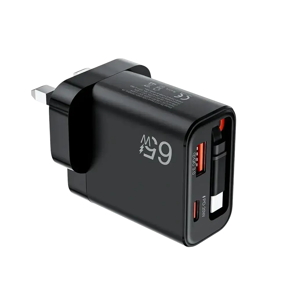 Black 65w usb-c fast charging phone charger with dual ports and retractable cable featuring a red accent port