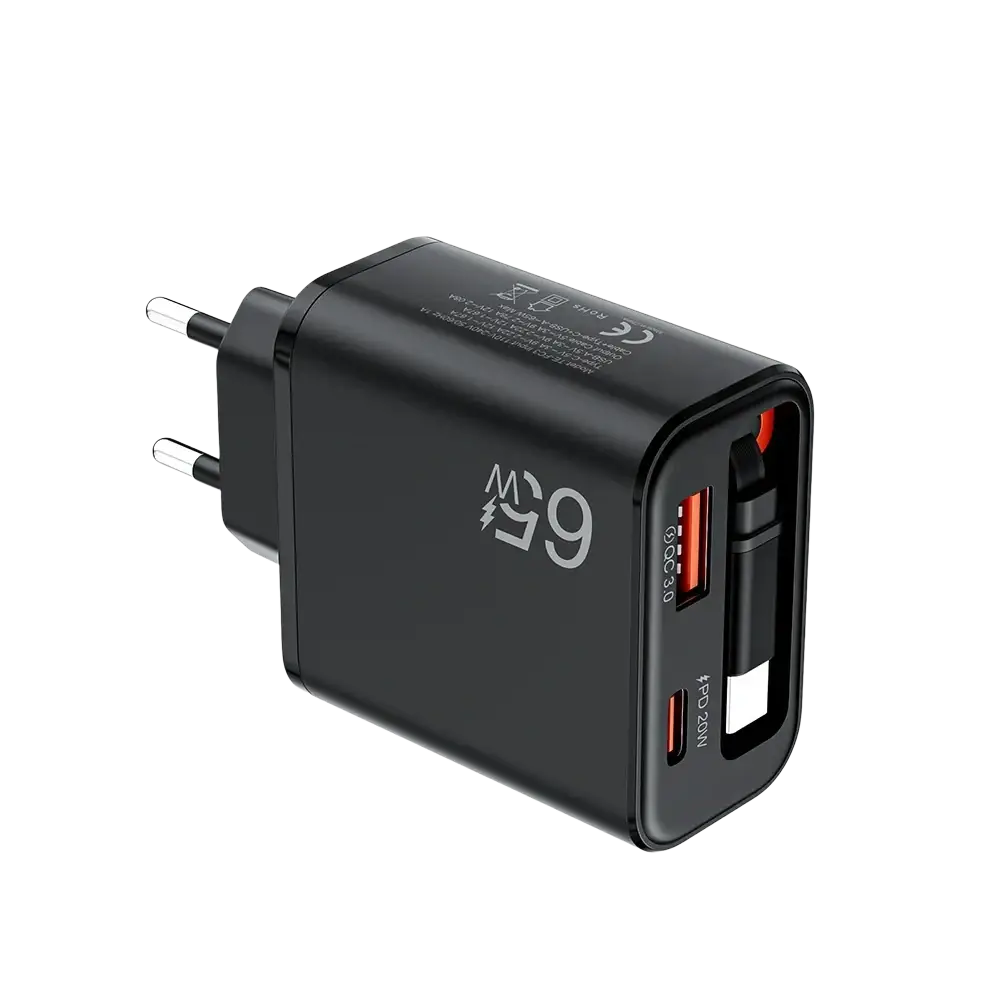 Black eu-style fast charging phone charger with compact design, one usb-a and one usb-c port for charger feature