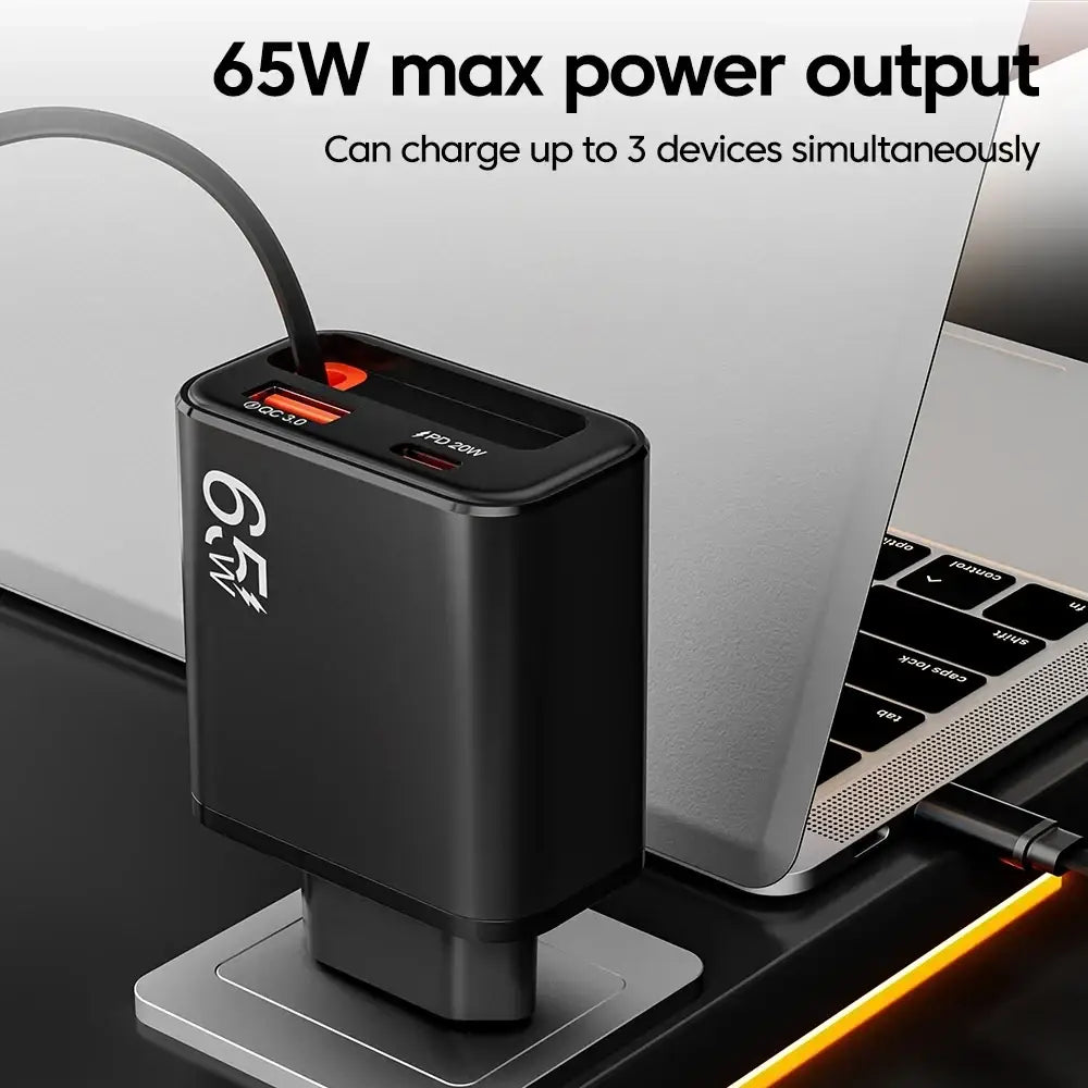 Black rectangular 65w usb-c phone charger with fast charging and retractable cable for efficient power delivery