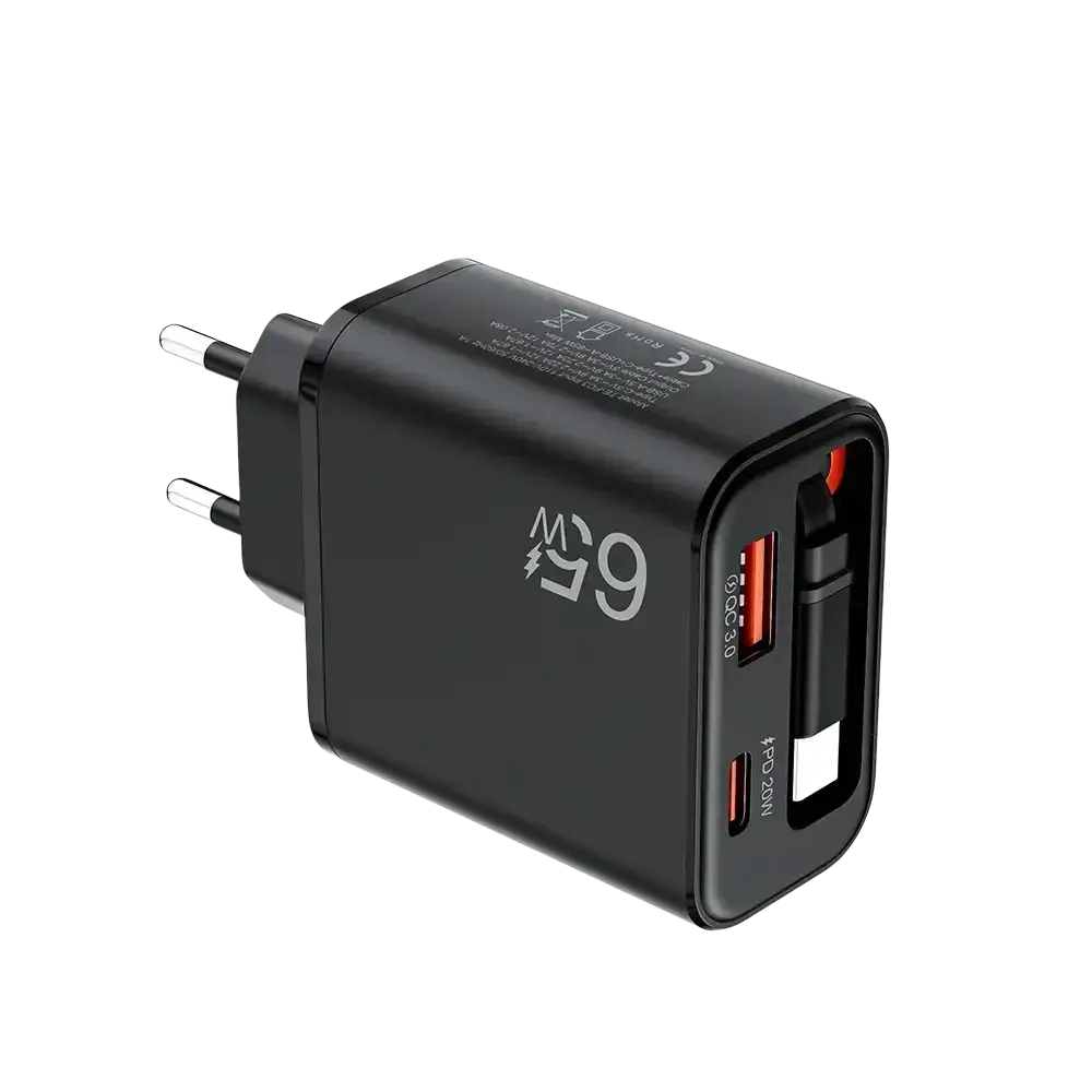 Fast charging black phone charger with retractable cable featuring two usb ports and 65w pd 20w output