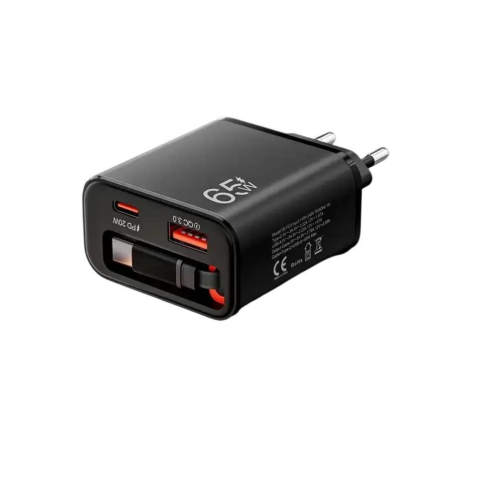 Black fast charging phone charger with two usb ports 65w and 3a output featuring retractable cable design