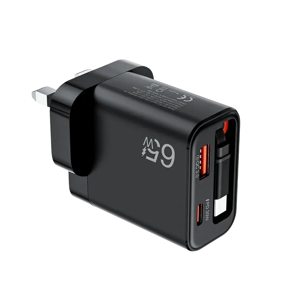 Black uk-style fast charging phone charger with usb-a and usb-c ports and orange accents featuring retractable cable