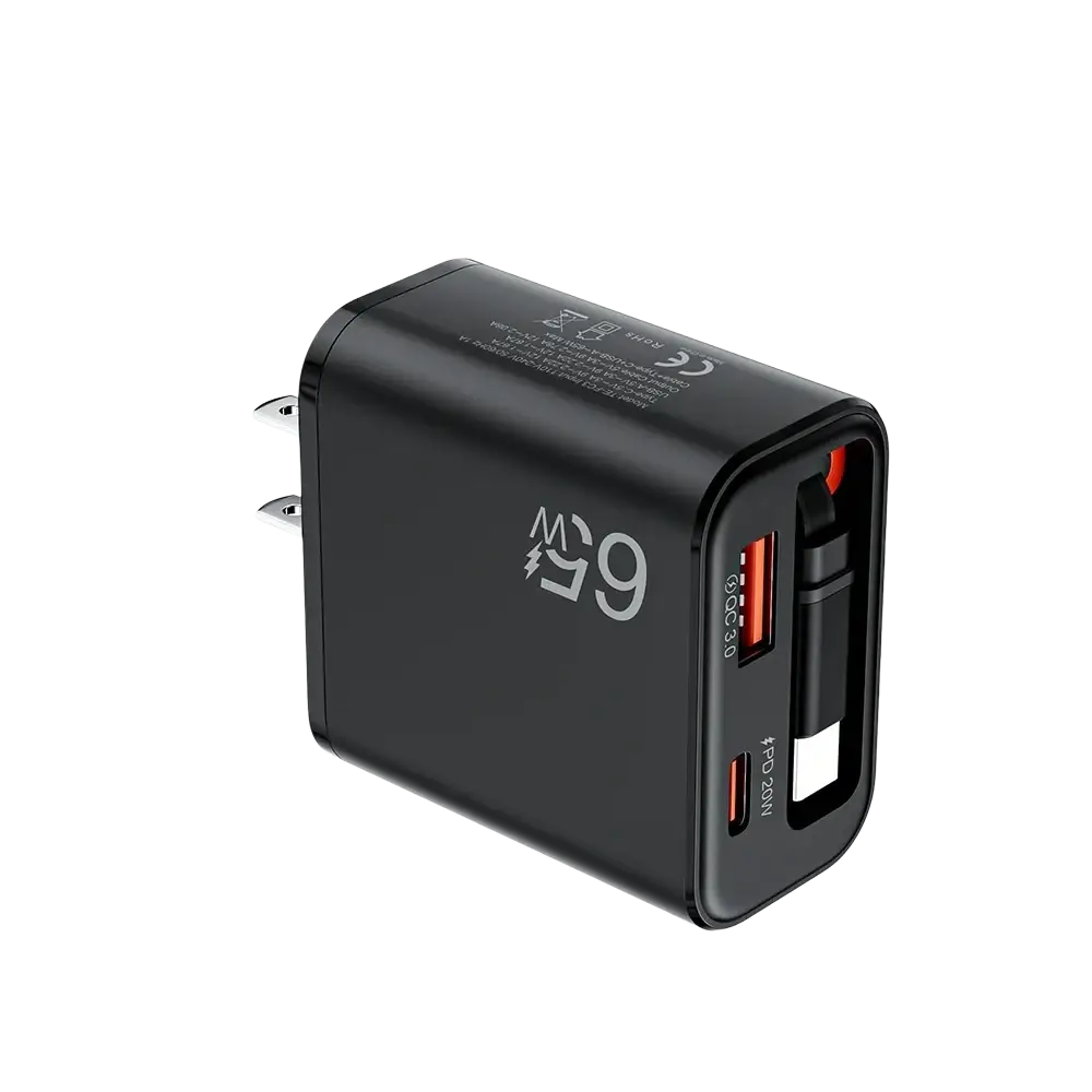 Black fast charging phone charger with dual ports and compact rectangular design featuring retractable cable